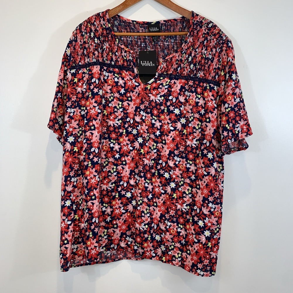 Ulla Popken Shirt Womens 20 22 Red Floral Stretch Smocked‎ Embroidered